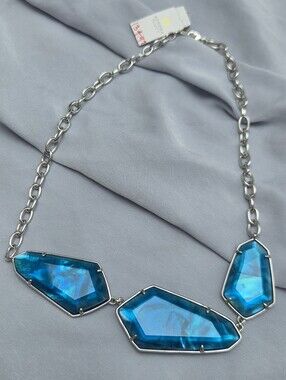 NWT Kendra Scott Violet Agate Peacock Blue Illusion Silver Statement Necklace